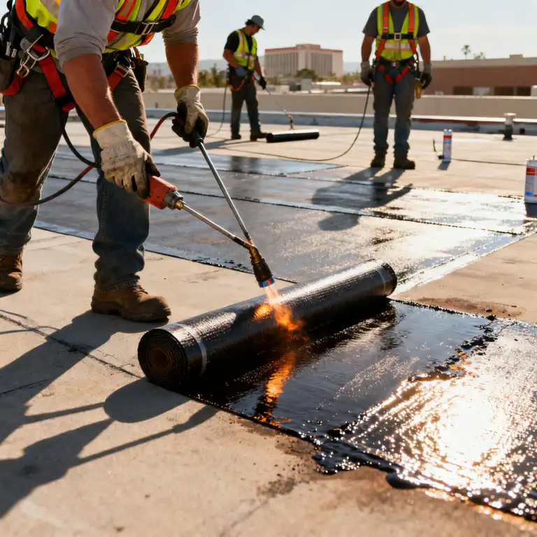 Workers installing modified bitumen roofing on flat commercial building in California