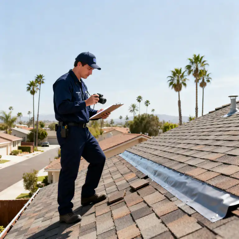 Professional home inspector examining roof with clipboard on California residential property
