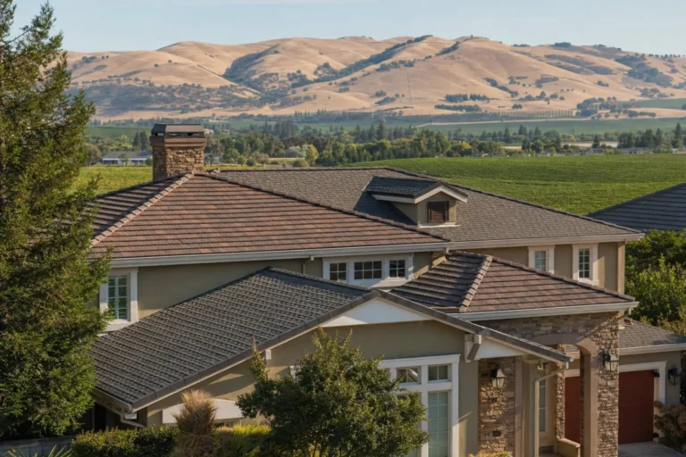 Livermore California home with a clean shingle roof and golden hills in the distance