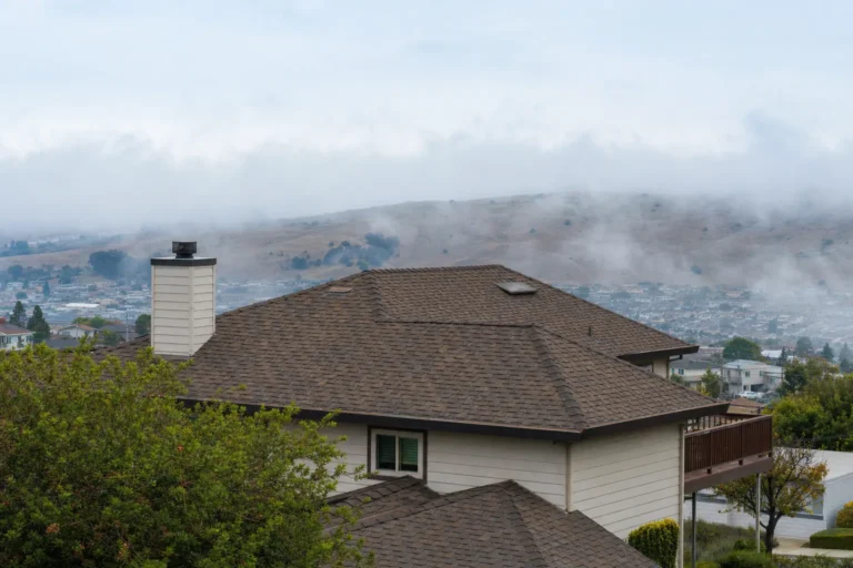 San Bruno California home with a shingle roof in cool coastal fog
