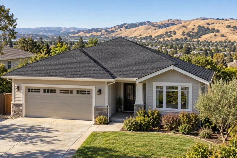 Bay Area home with a newly installed Class A shingle roof, enclosed eaves and clean gutters with dry hills in the background